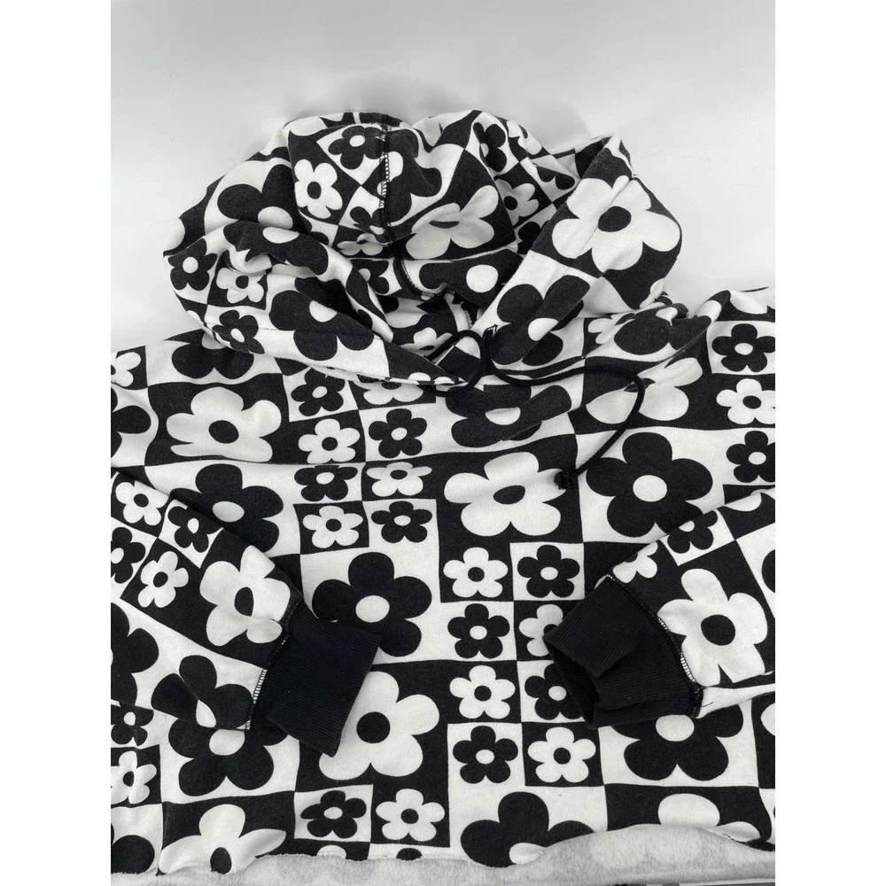 Cropped Hoodie Women Large Black White Retro Floral Check Indie Streetwear Y2K - Picture 3 of 8